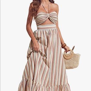 MakeMeChic Women's Striped Halter Cut Out Ruffle Maxi Summer Beach Dress.